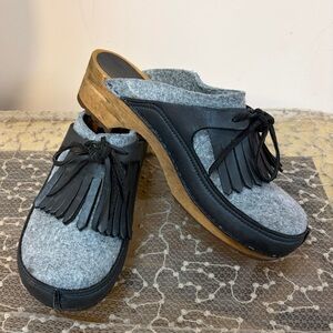 Sanita Black and Gray Fringe Clogs